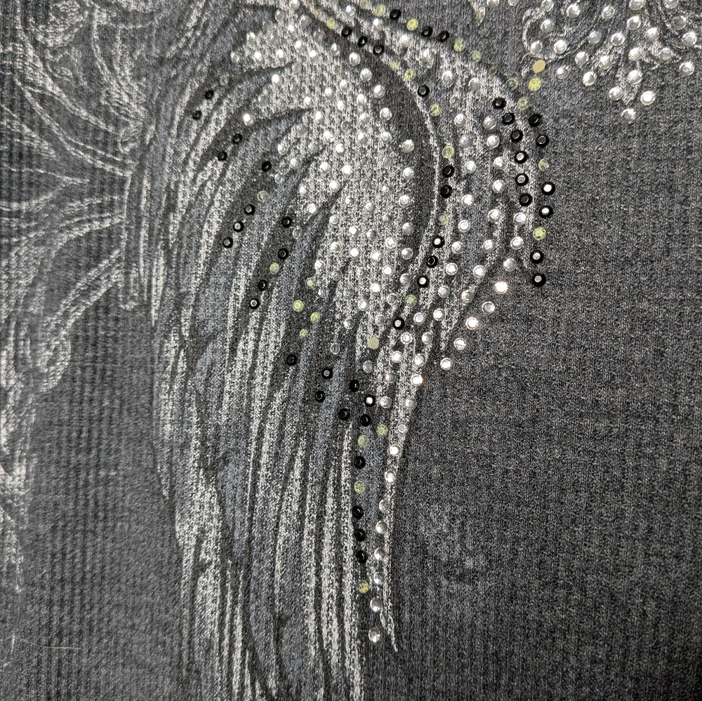 Womens Gray Y2K Vintage Fleur De Lis Wings Rhinestone Graphic Thermal Top XL - Picture 6 of 9